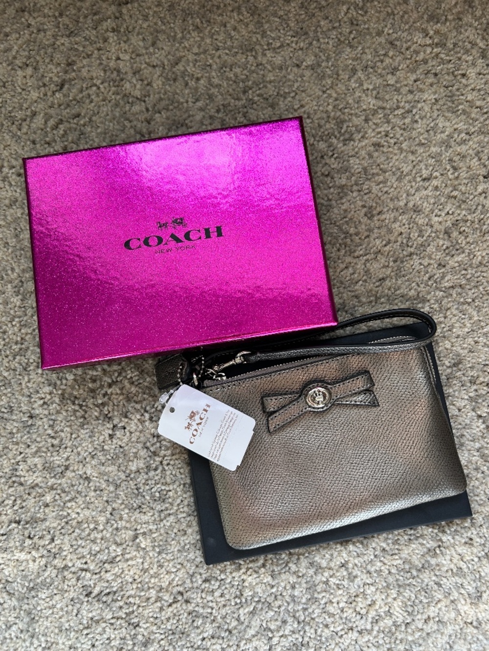 Coach Silver Kiss Lock Wristlet w/ Bow Detailing